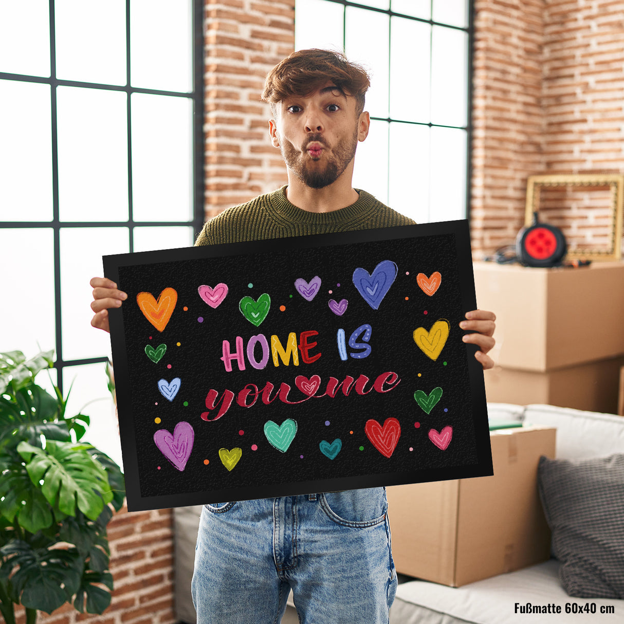 Home ist you and me Fußmatte mit bunten Herzen