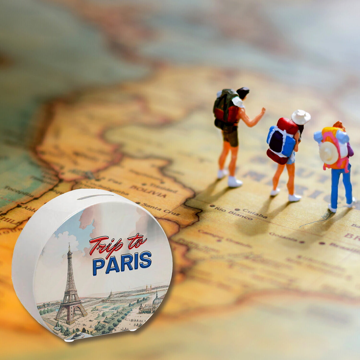 Trip to Paris Spardose mit Eiffelturm im Retro Style