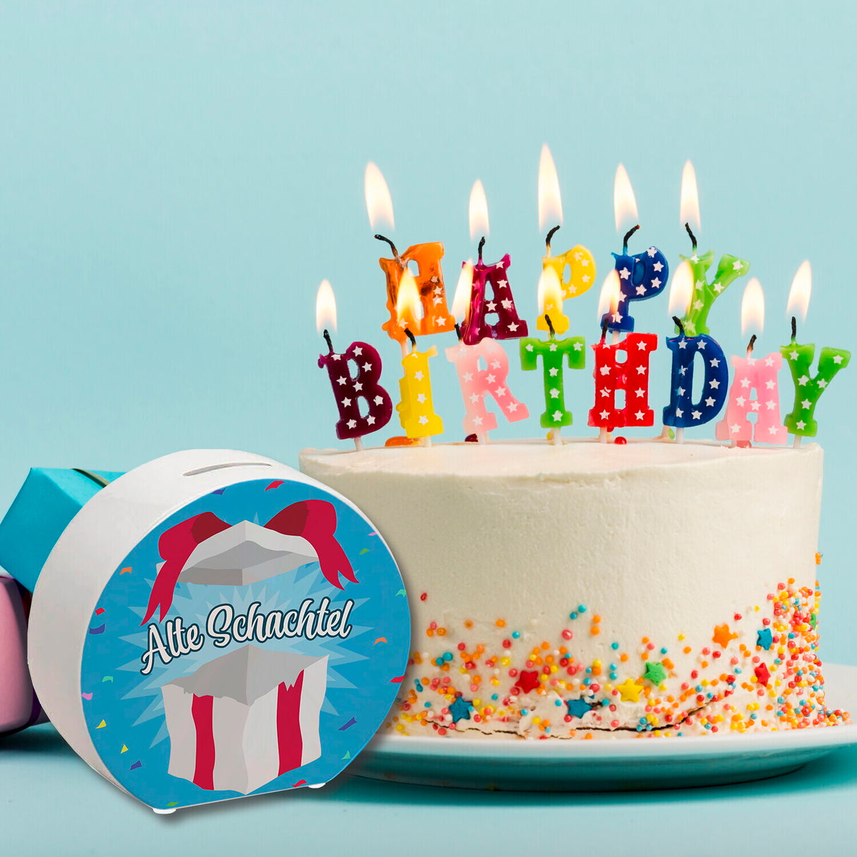 Alte Schachtel Spardose mit Geburtstagsgeschenk-Motiv