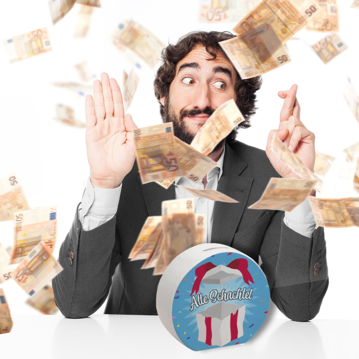 Alte Schachtel Spardose mit Geburtstagsgeschenk-Motiv