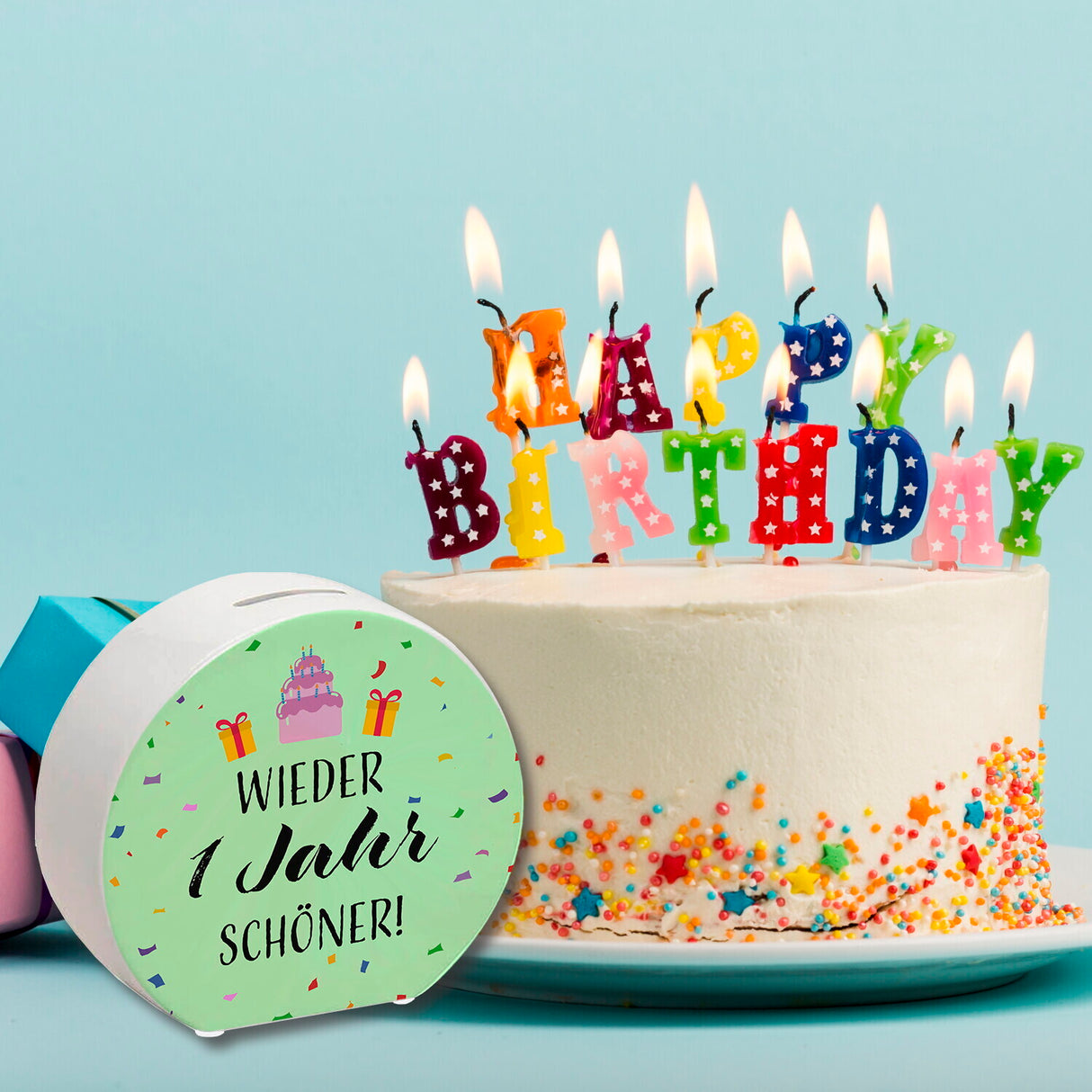 Wieder 1 Jahr schöner! Spardose mit Konfetti und Torte