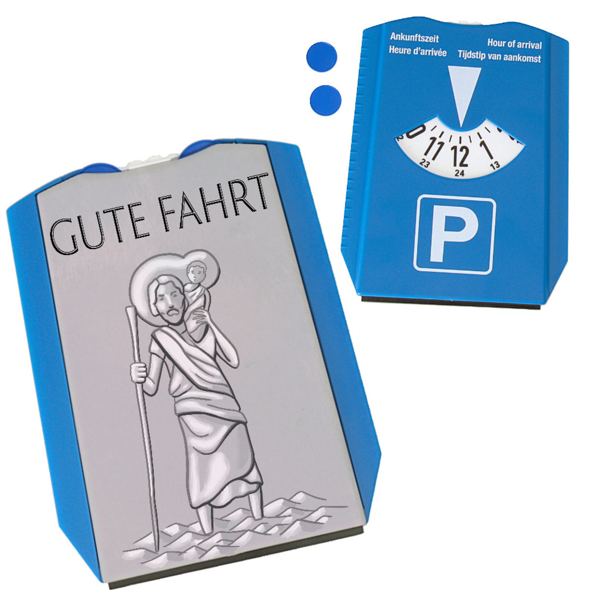 Heiliger Christophorus - Gute Fahrt Silber Parkscheibe mit 2 Einkaufswagenchips