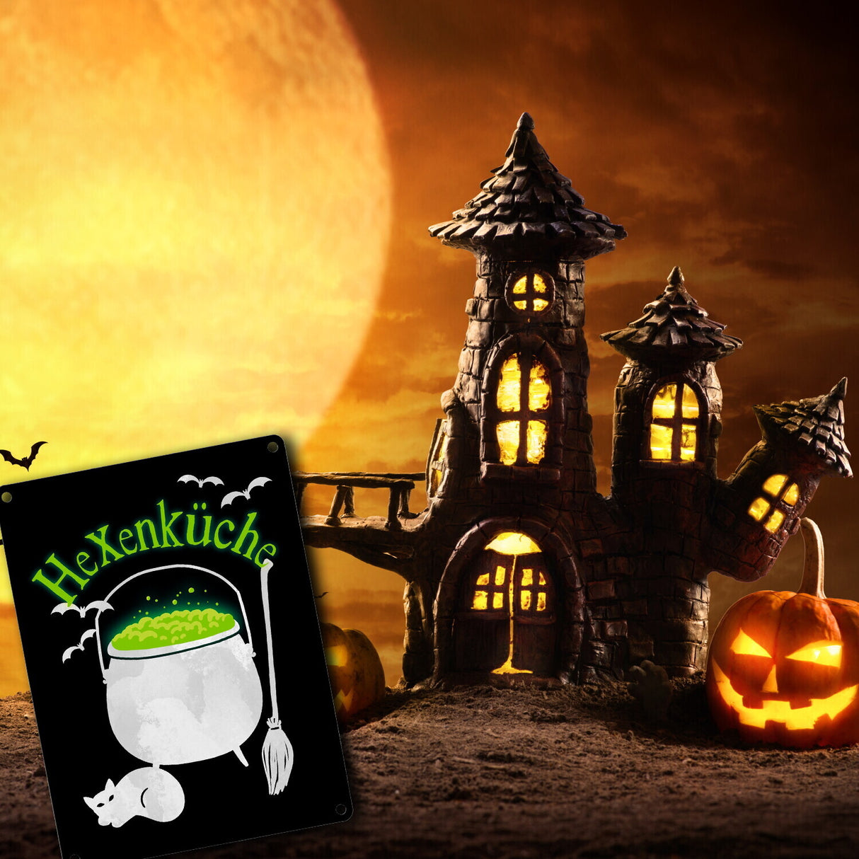 Hexenküche Metallschild mit Hexenkessel für Halloween