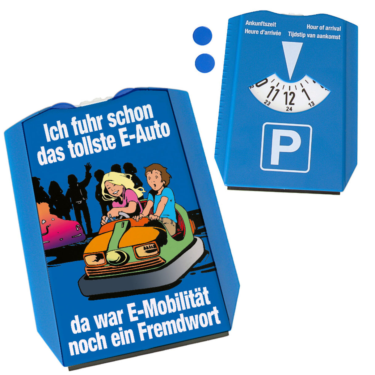 Boxauto als E-Auto Parkscheibe mit Spruch zu E-Mobilität in blau