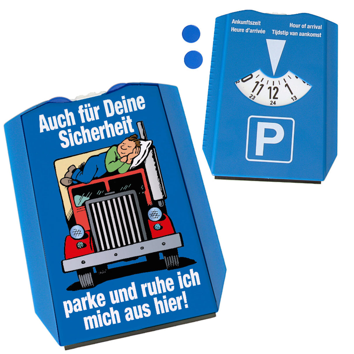 Ruhezeit für LKW-Fahrer Comic Parkscheibe in blau