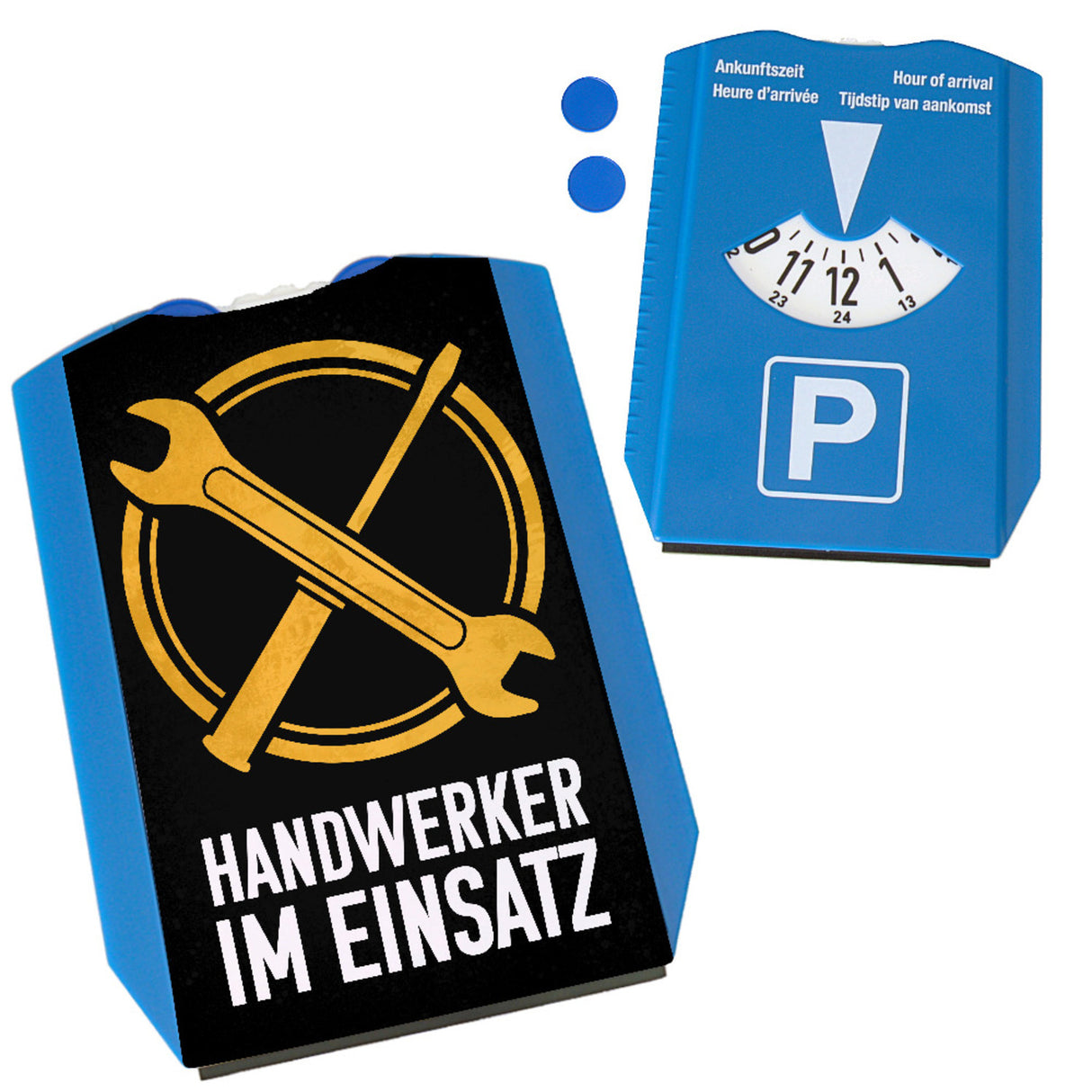 Handwerkereinsatz Parkscheibe mit 2 Einkaufswagenchips