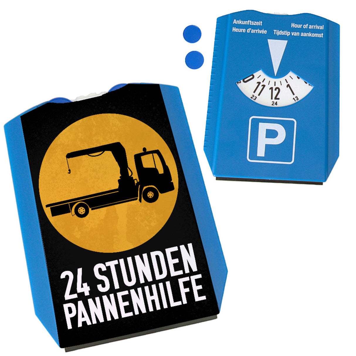 Abschleppdienst Parkscheibe mit 2 Einkaufswagenchips