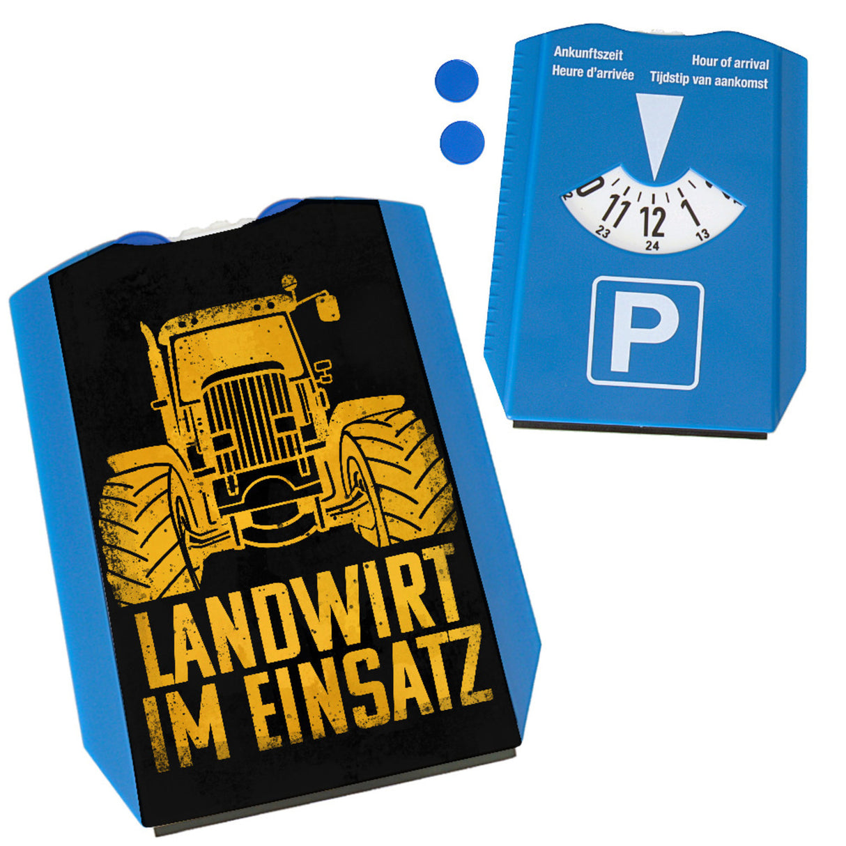 Landwirt im Einsatz Parkscheibe in gelb mit 2 Einkaufswagenchips