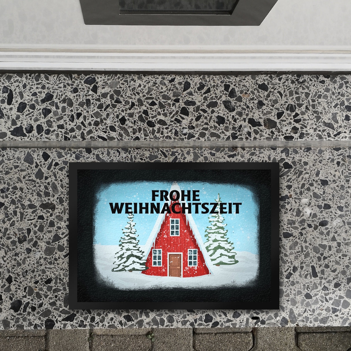 Frohe Weihnachtszeit Schneehütte Fußmatte