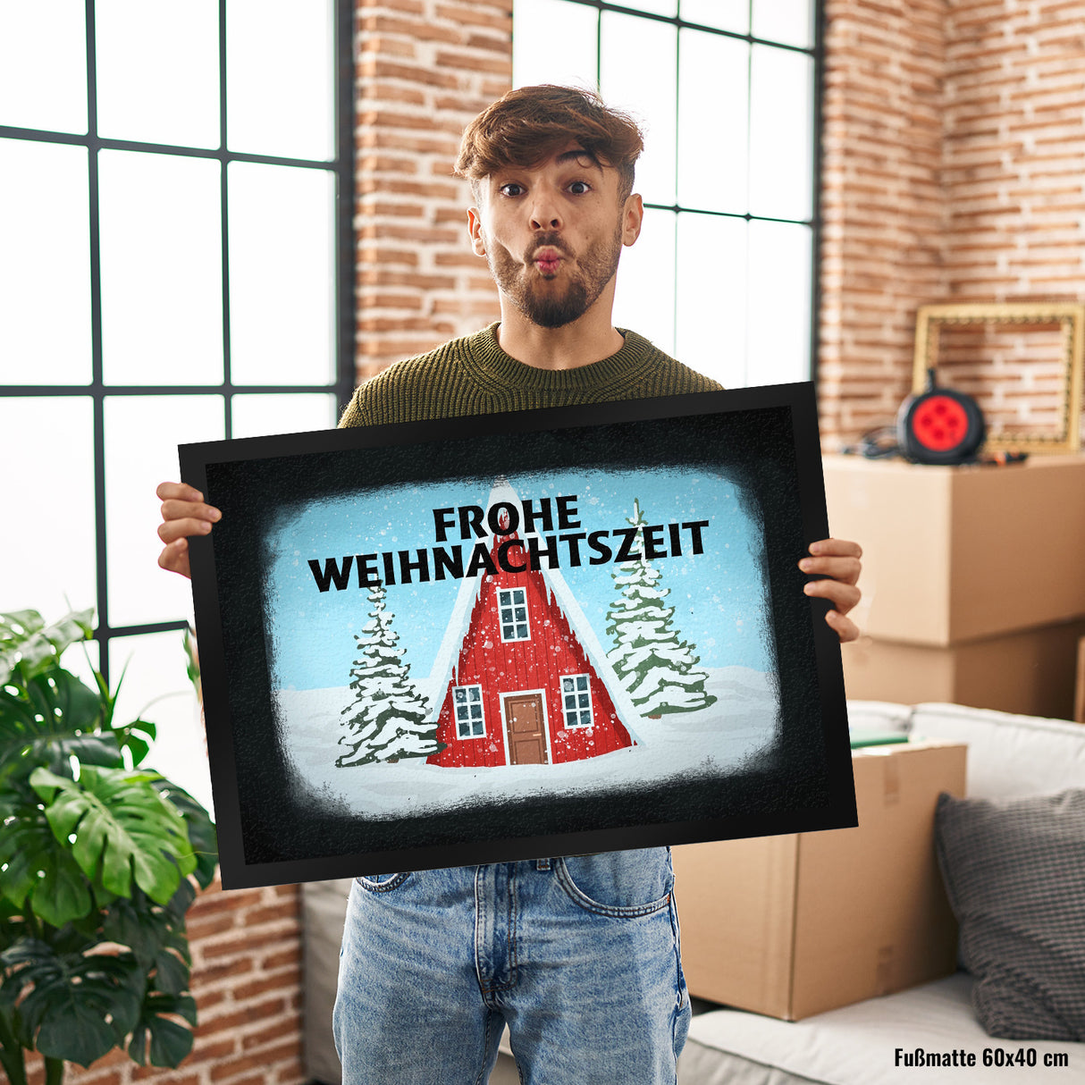 Frohe Weihnachtszeit Schneehütte Fußmatte