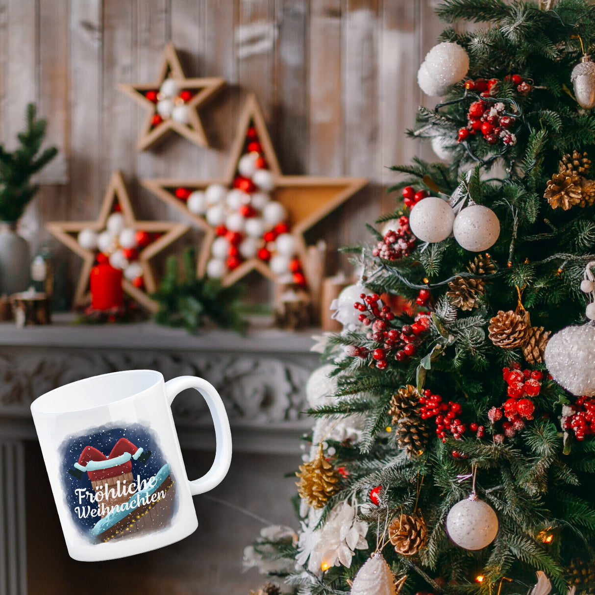Fröhliche Weihnachten Weihnachtsmann im Kamin Kaffeebecher