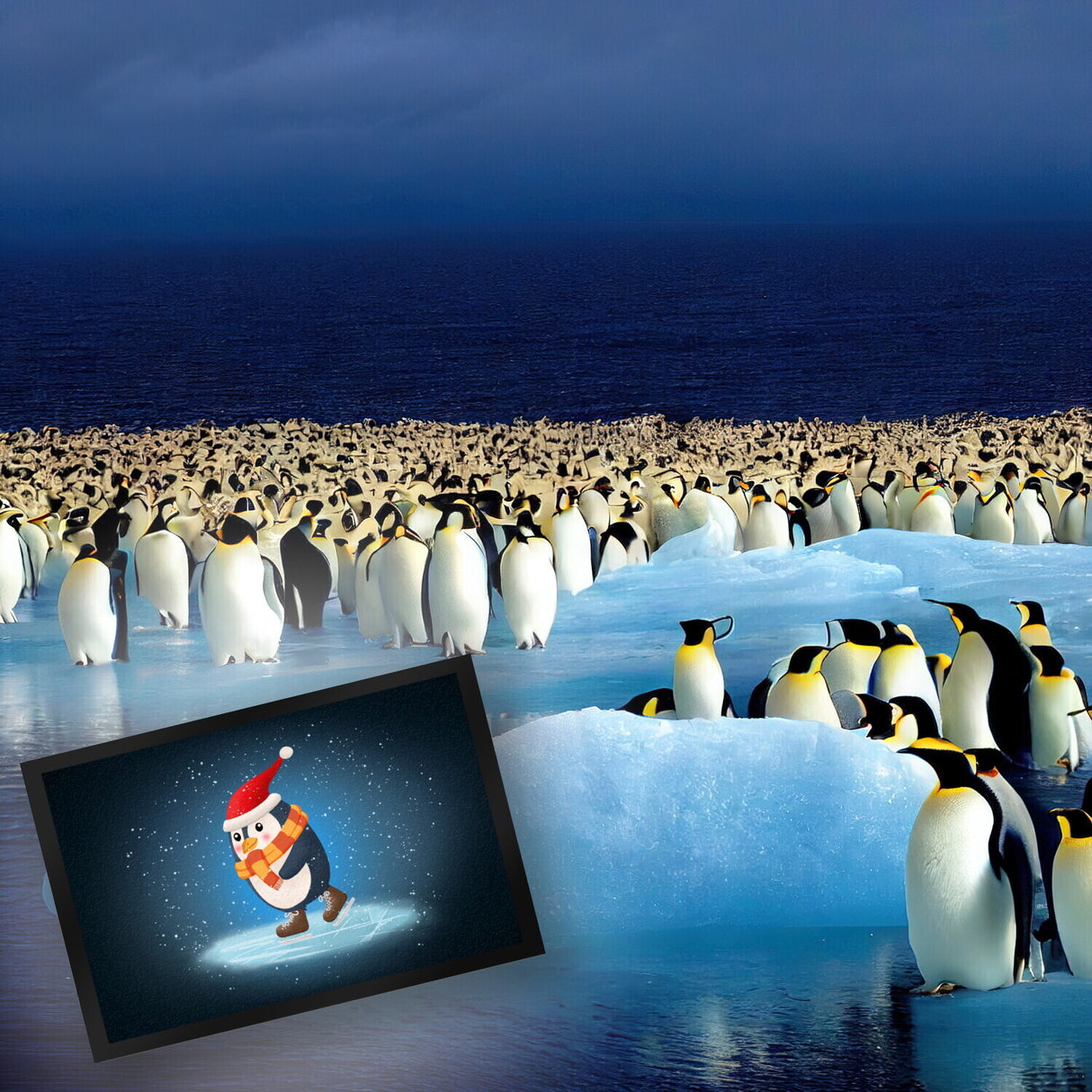Pinguin mit Weihnachtsmütze und Schlittschuhen Fußmatte