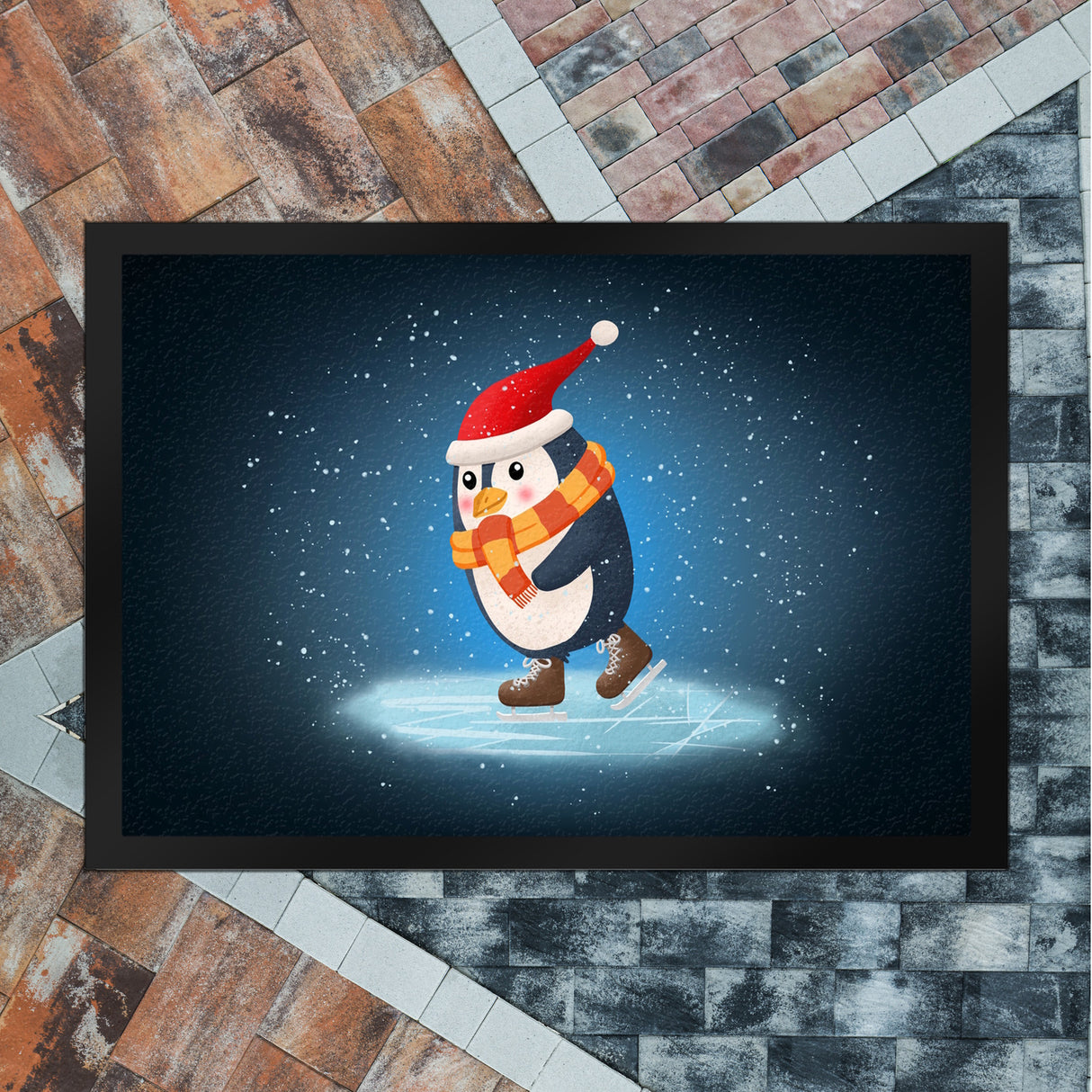 Pinguin mit Weihnachtsmütze und Schlittschuhen Fußmatte