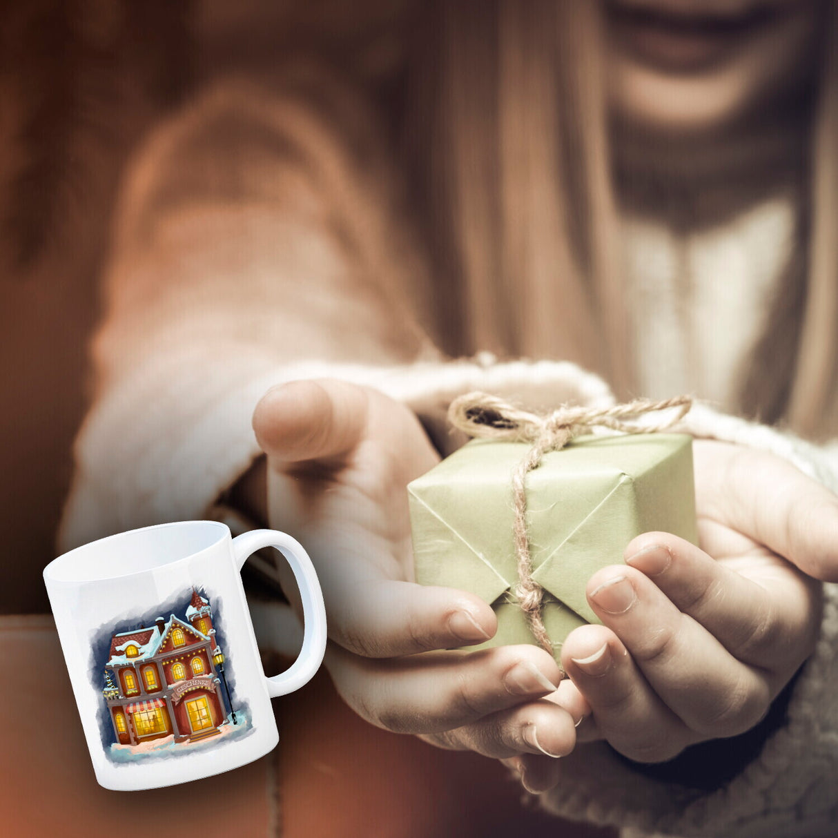 Geschenkeladen Weihnachtsmotiv Kaffeebecher
