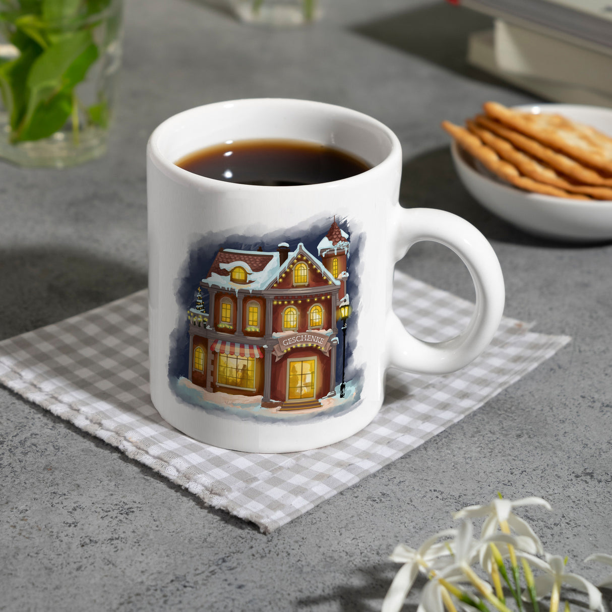 Geschenkeladen Weihnachtsmotiv Kaffeebecher