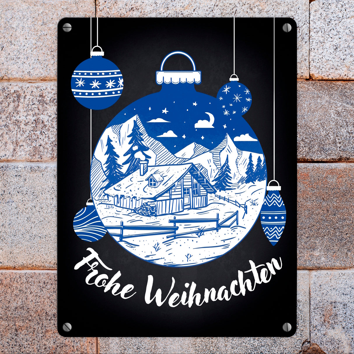 Frohe Weihnachten Metallschild mit Weihnachtskugeln
