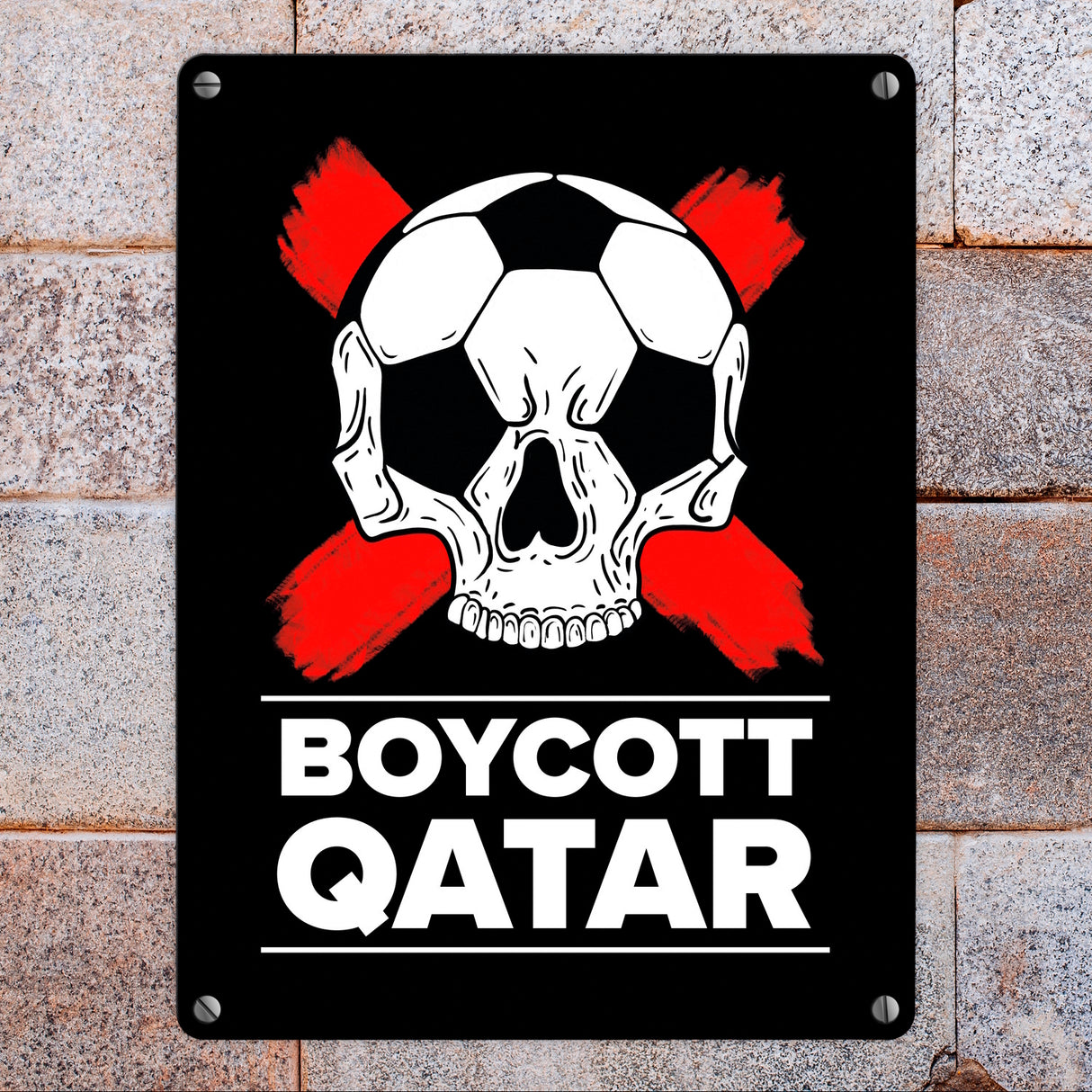 Boycott Qatar Metallschild mit Fußball-Totenkopf