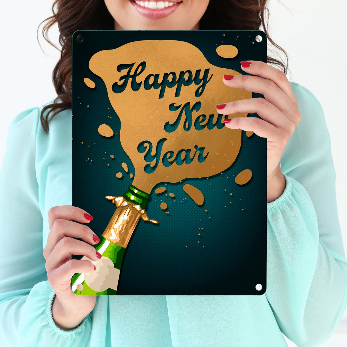Sektflasche Happy New Year Metallschild