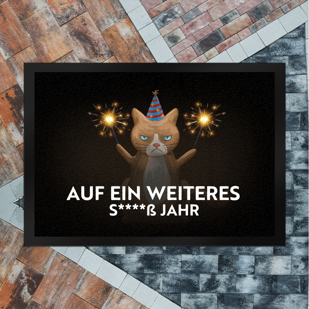 Mürrische Katze auf ein weiters scheiß Jahr Fußmatte