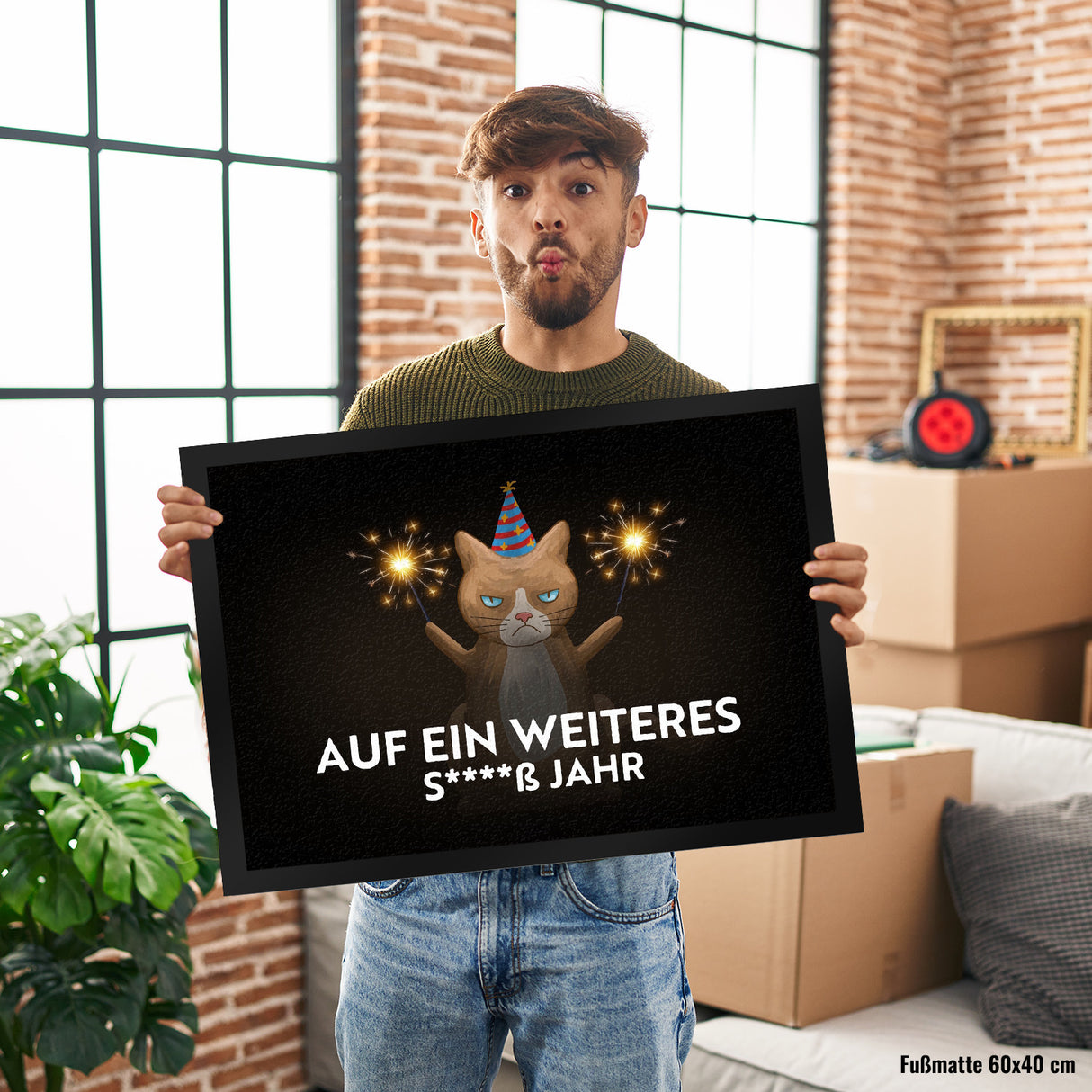 Mürrische Katze auf ein weiters scheiß Jahr Fußmatte