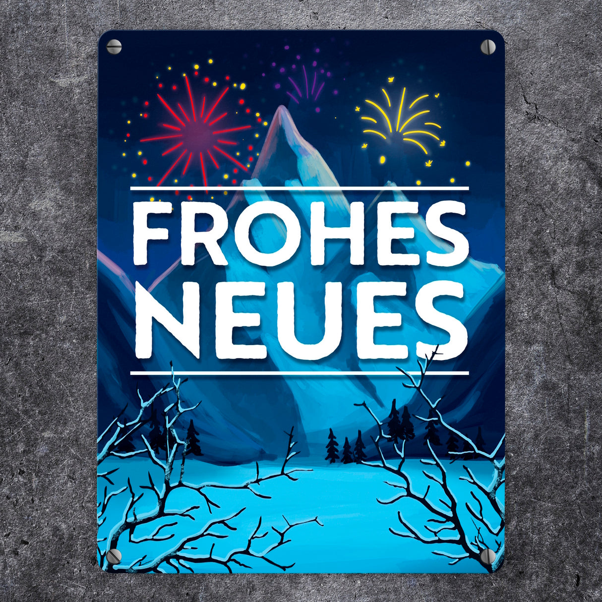 Feuerwerk über Winterlandschaft Frohes Neues Metallschild