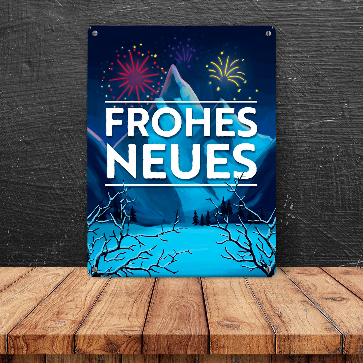 Feuerwerk über Winterlandschaft Frohes Neues Metallschild