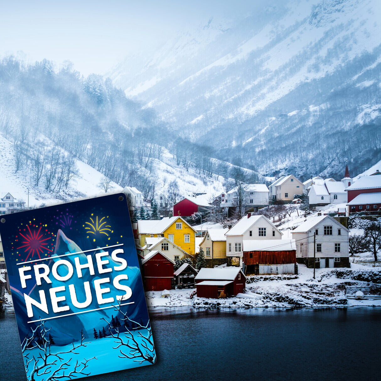 Feuerwerk über Winterlandschaft Frohes Neues Metallschild