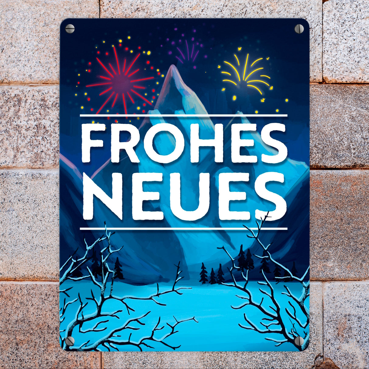 Feuerwerk über Winterlandschaft Frohes Neues Metallschild