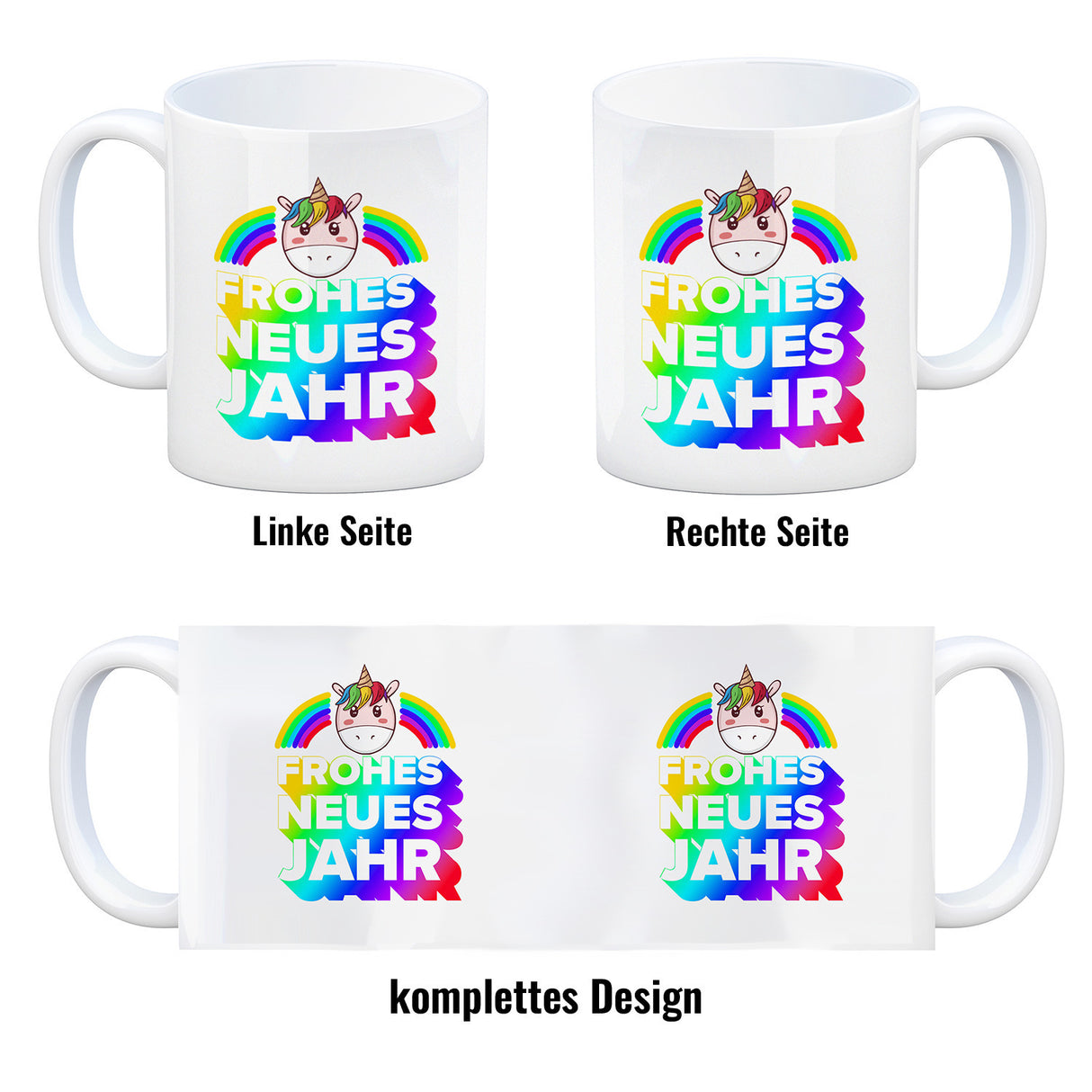 Frohes neues Jahr Regenbogen und Einhorn Kaffeebecher