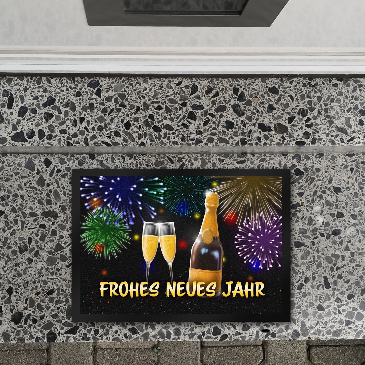 Frohes neues Jahr Fußmatte mit Sekt und Feuerwerk