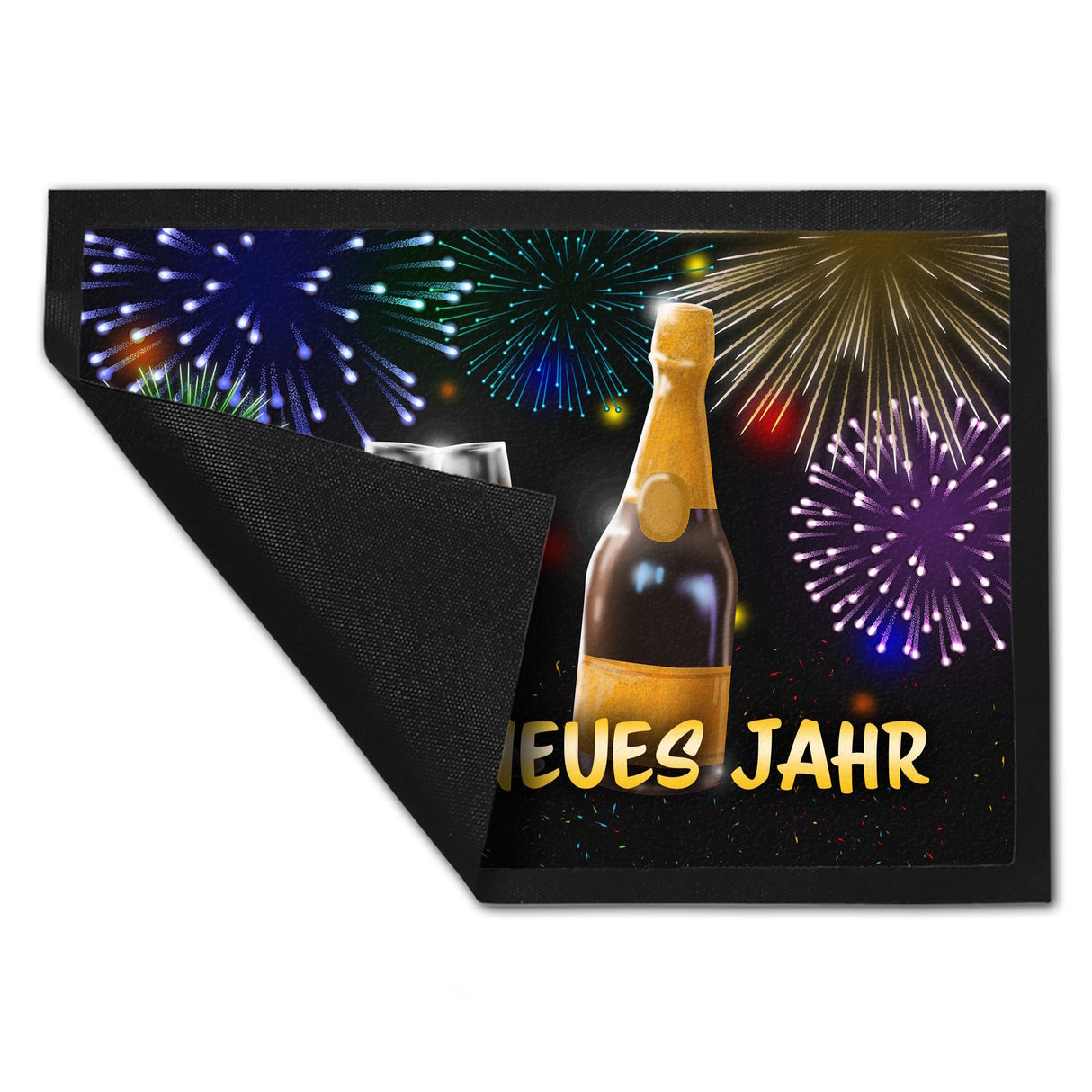 Frohes neues Jahr Fußmatte mit Sekt und Feuerwerk