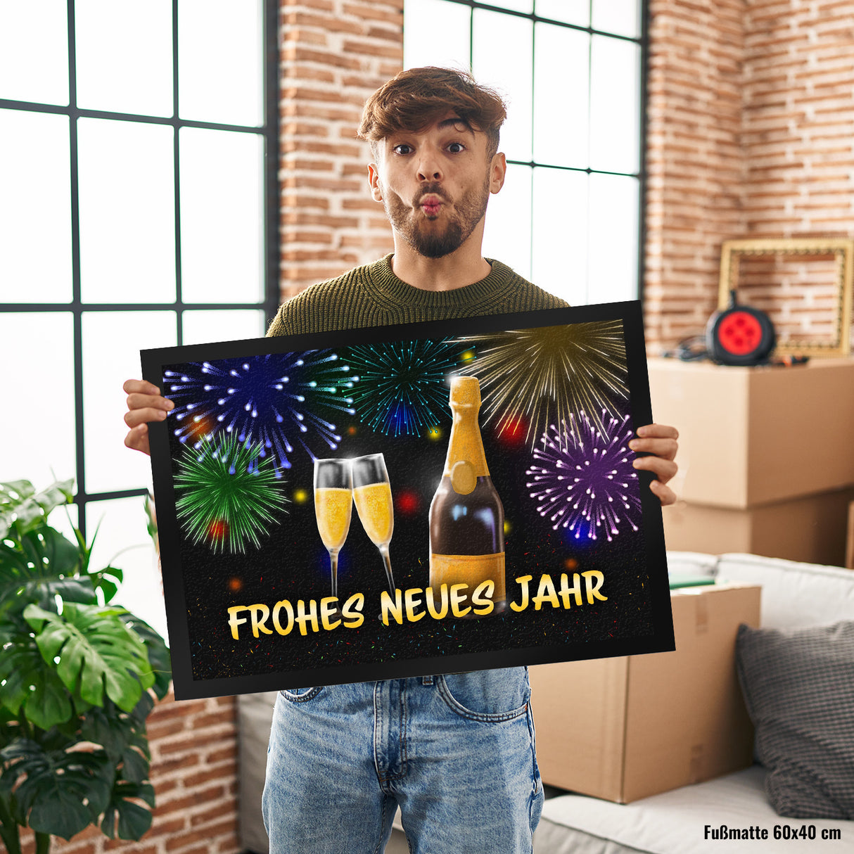 Frohes neues Jahr Fußmatte mit Sekt und Feuerwerk