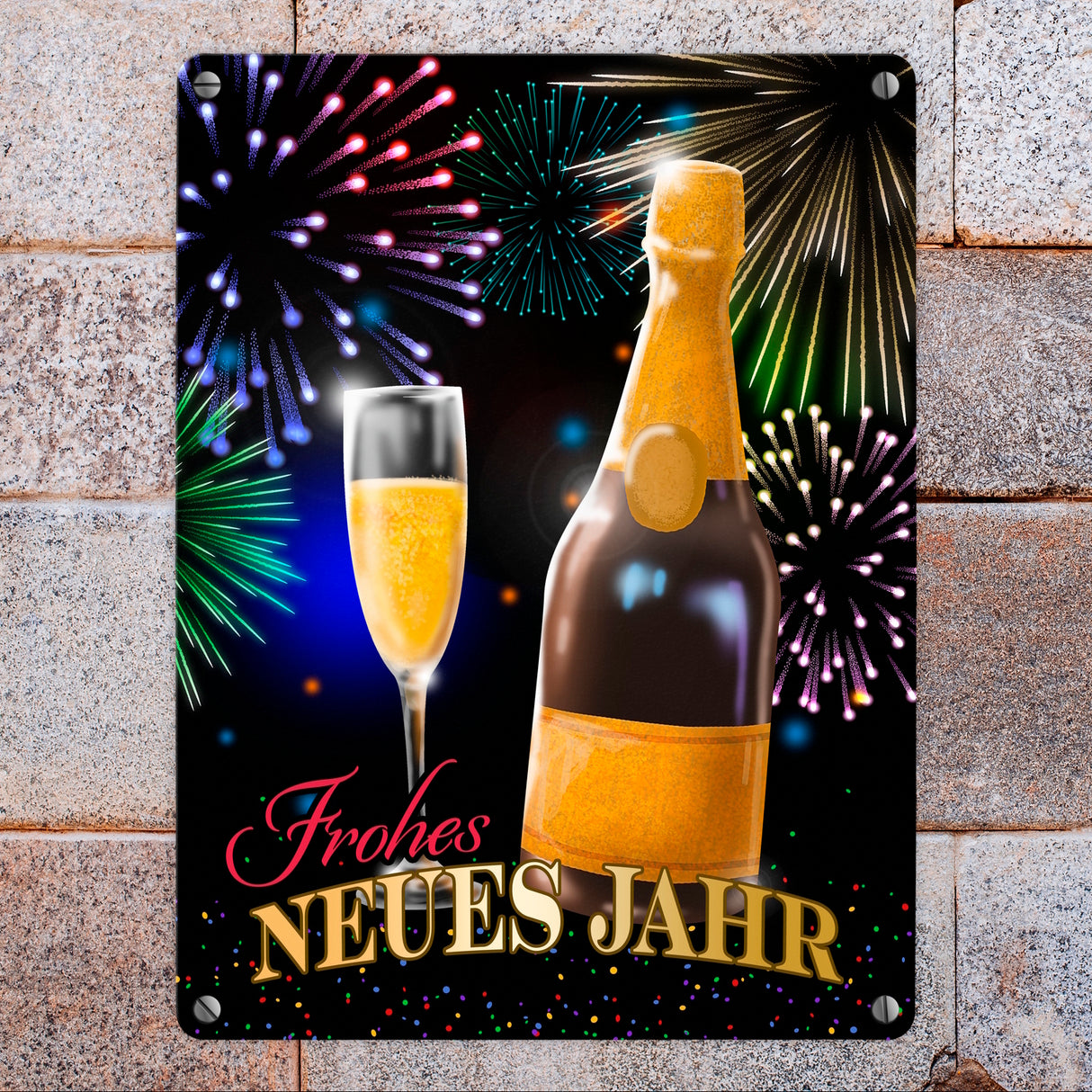 Frohes neues Jahr Metallschild mit Sekt und Feuerwerk