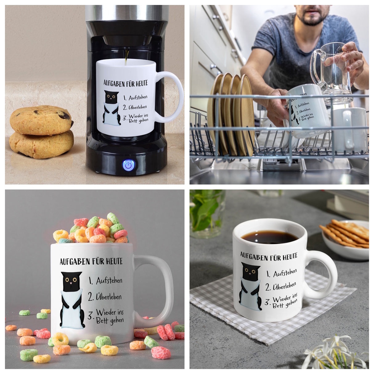 Aufgaben für heute Kaffeebecher mit müder Katze