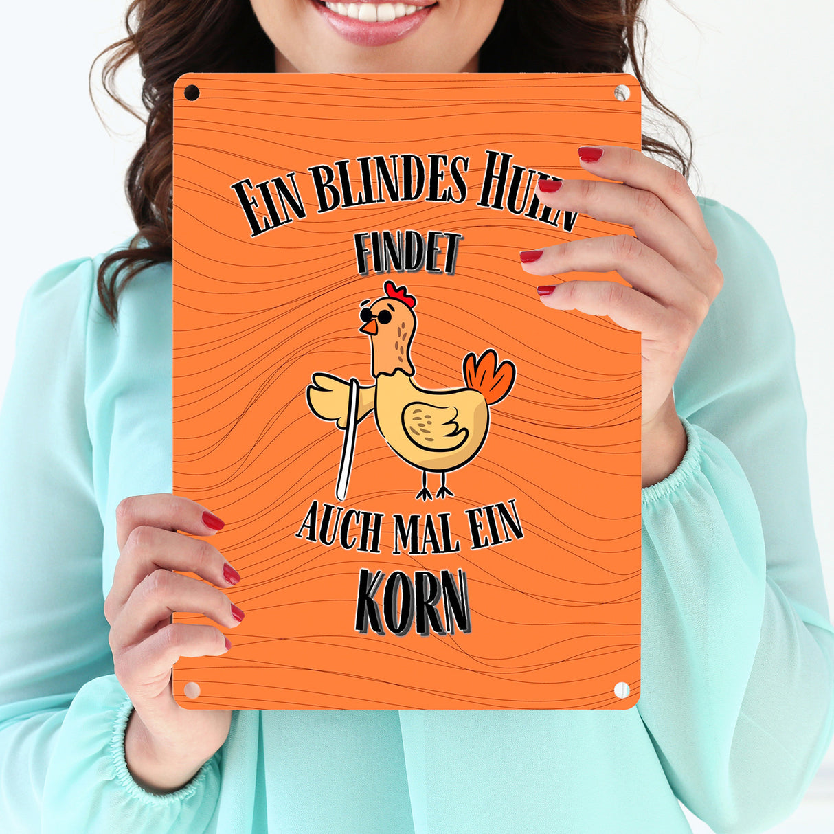 Blindes Huhn Metallschild in 15x20 cm mit Spruch
