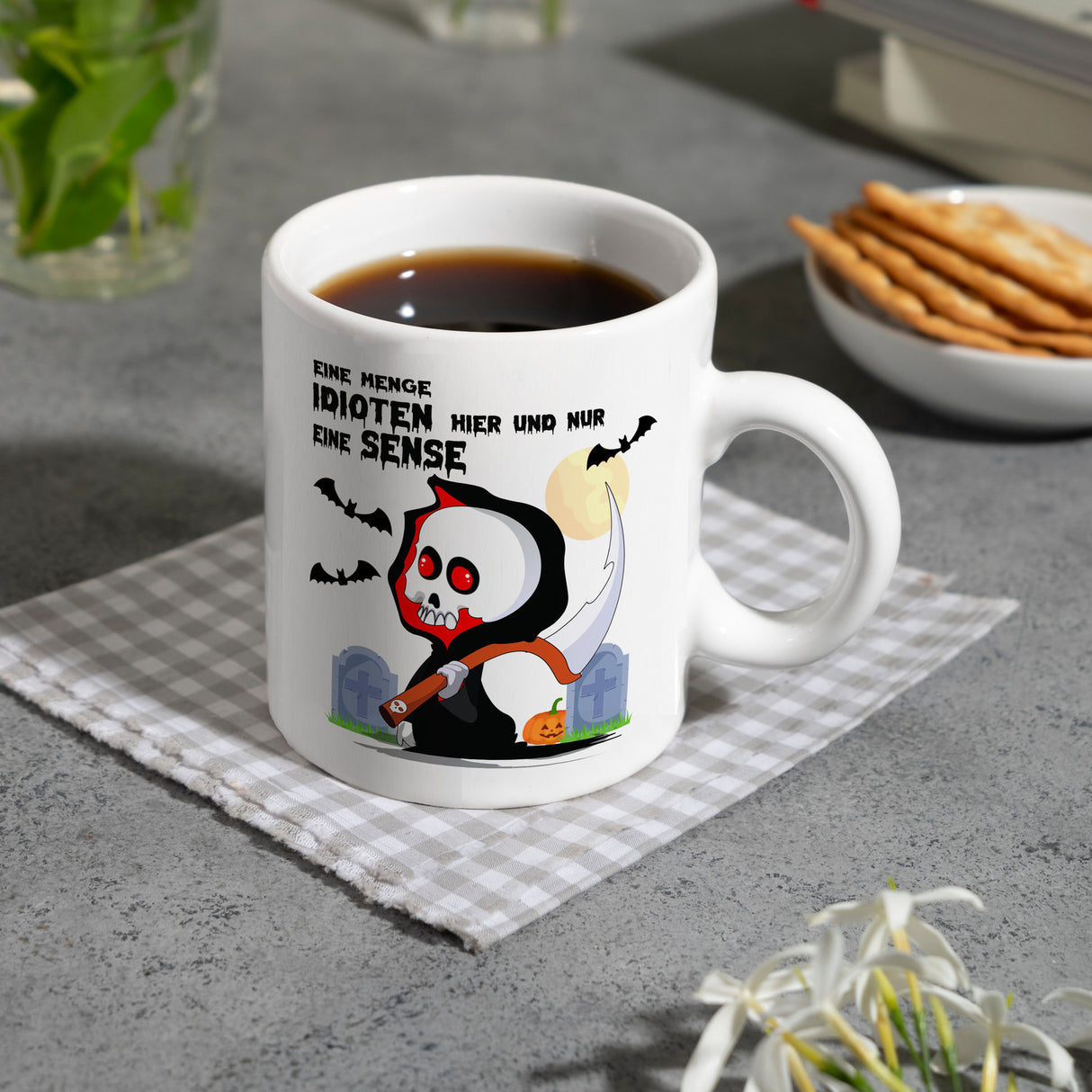 Sensenmann Halloween Kaffeebecher mit Spruch