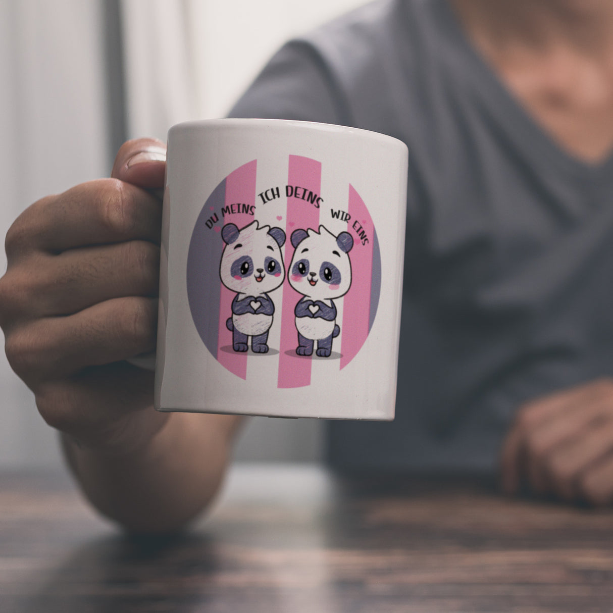 Panda Kaffeebecher mit Spruch Du meins ich deins wir eins