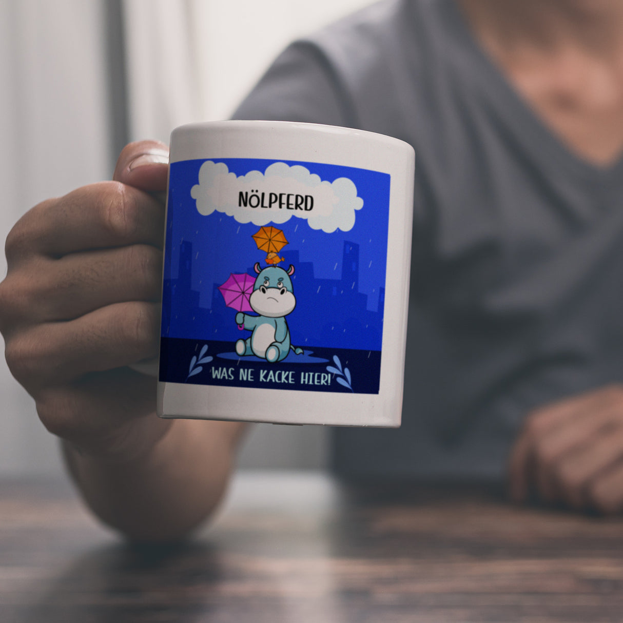 Nilpferd Kaffeebecher mit Spruch Nölpferd Was ne Kacke hier!