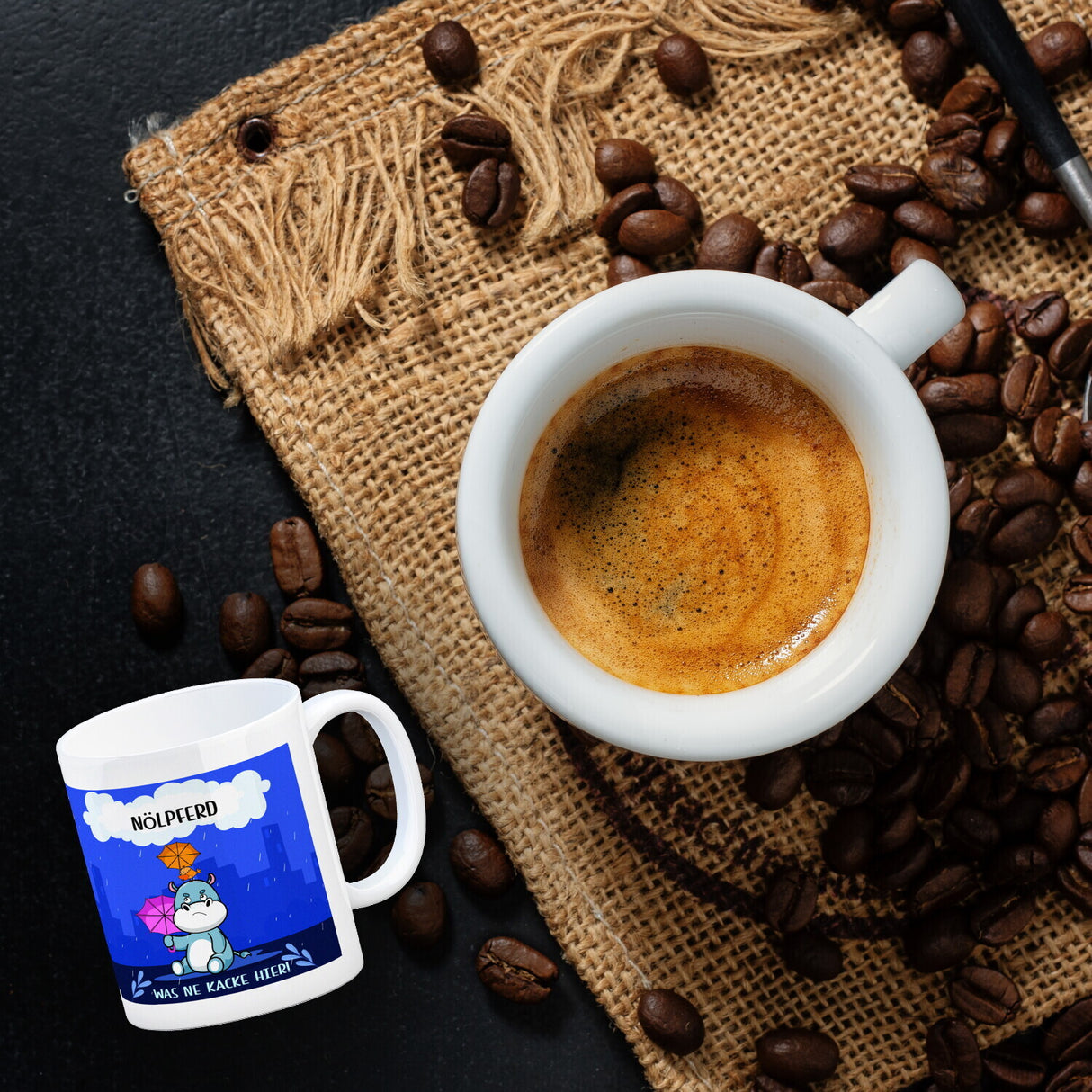 Nilpferd Kaffeebecher mit Spruch Nölpferd Was ne Kacke hier!