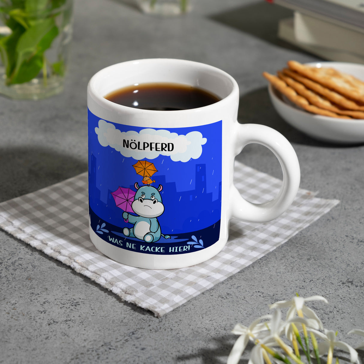 Nilpferd Kaffeebecher mit Spruch Nölpferd Was ne Kacke hier!