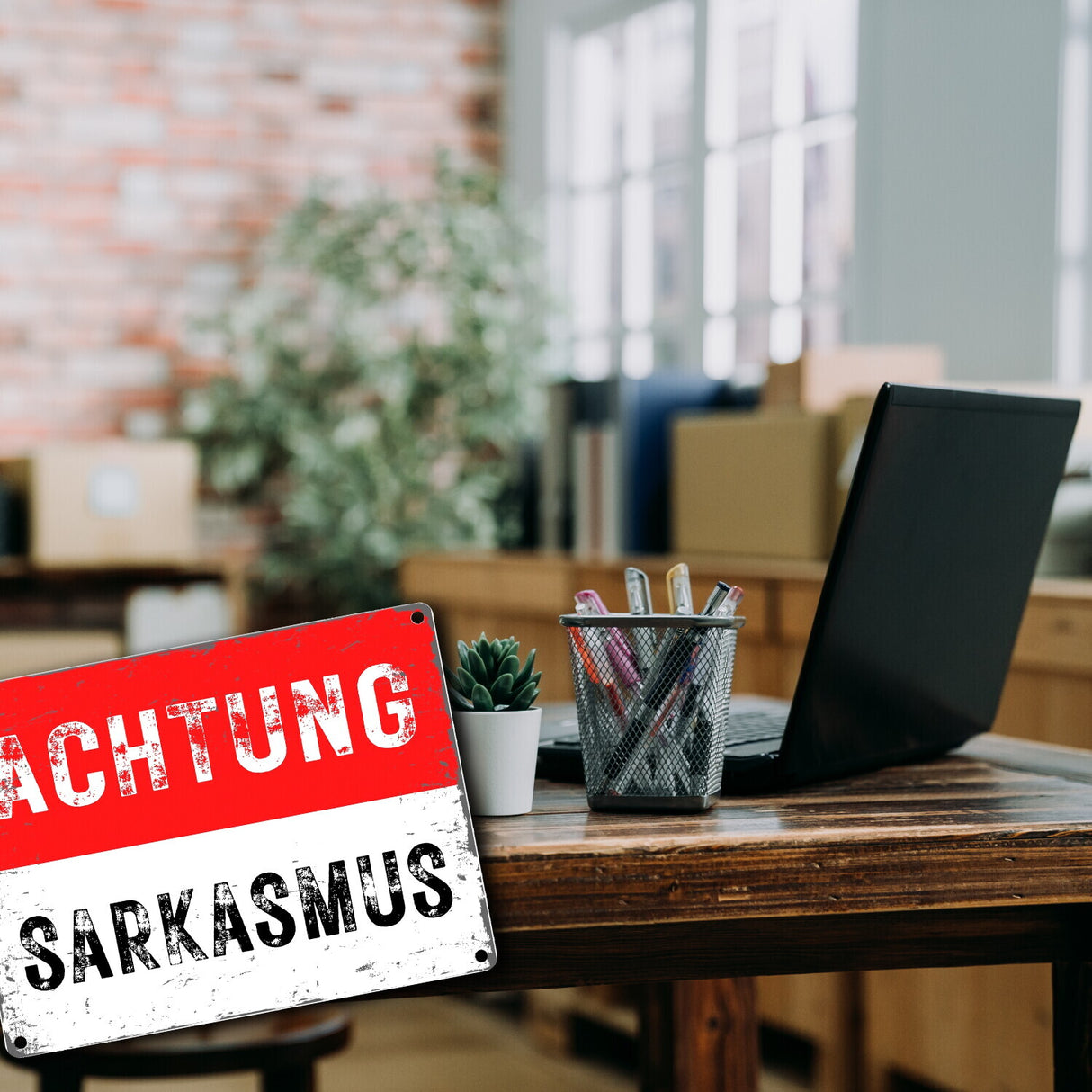 Achtung Sarkasmus Metallschild in 15x20 cm -weiß