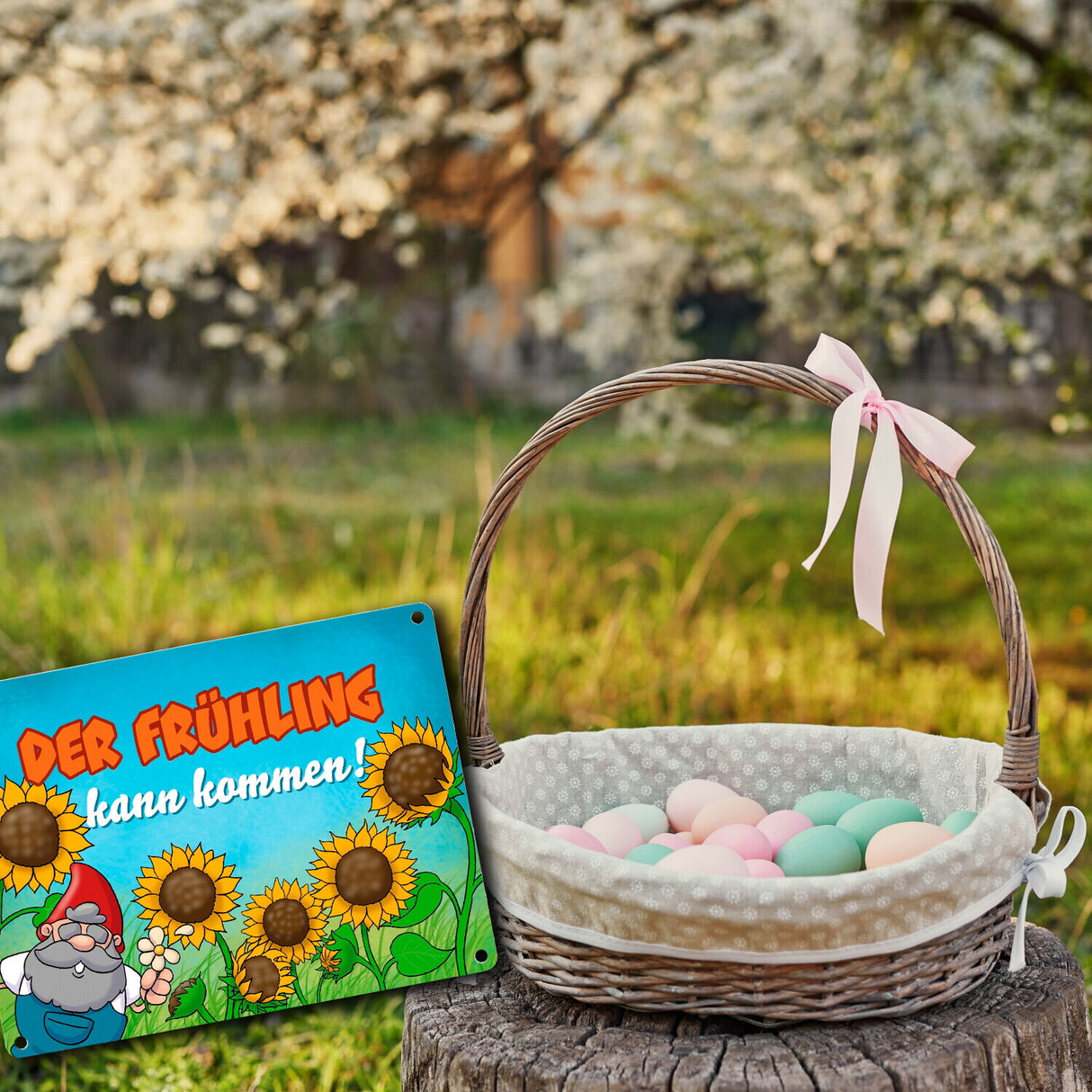 Gartenzwerg Metallschild mit Spruch Der Frühling kann kommen