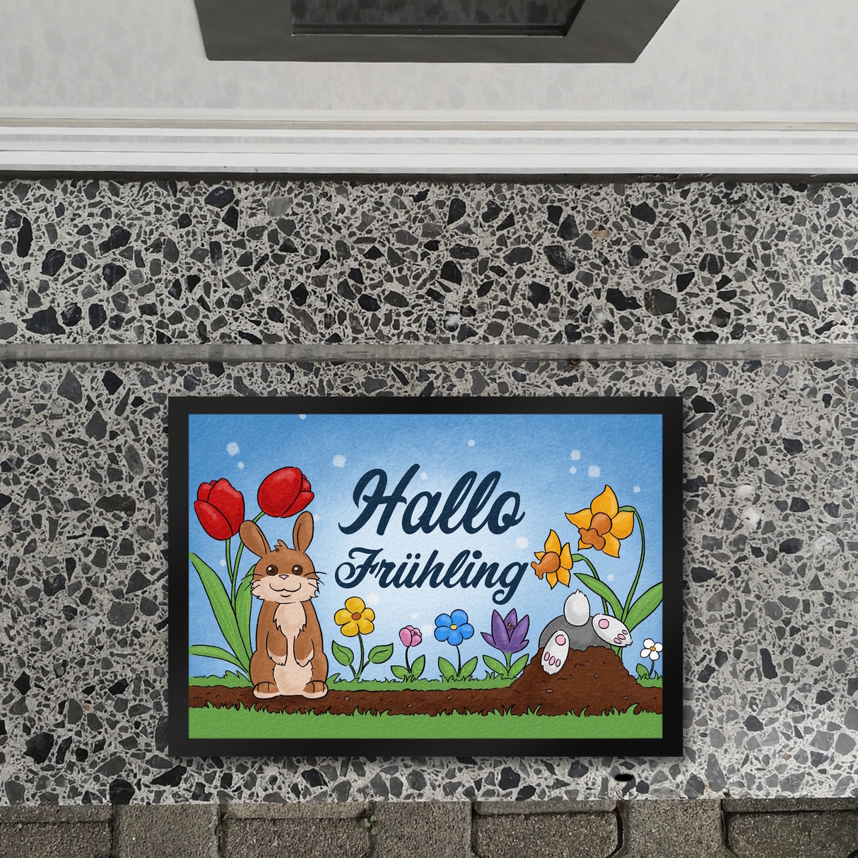 Hallo Frühling Fußmatte mit süßen Hasen für Ostern