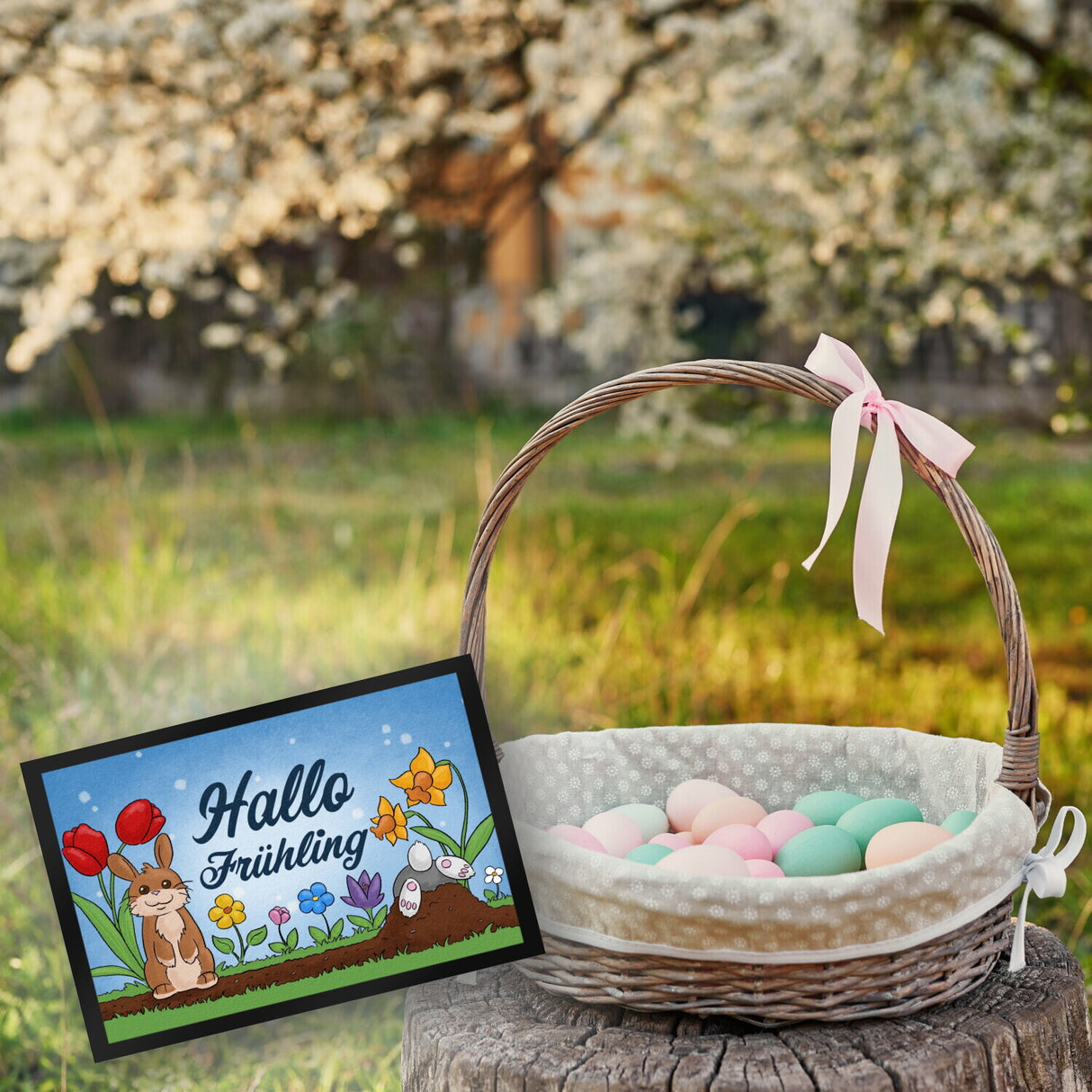 Hallo Frühling Fußmatte mit süßen Hasen für Ostern