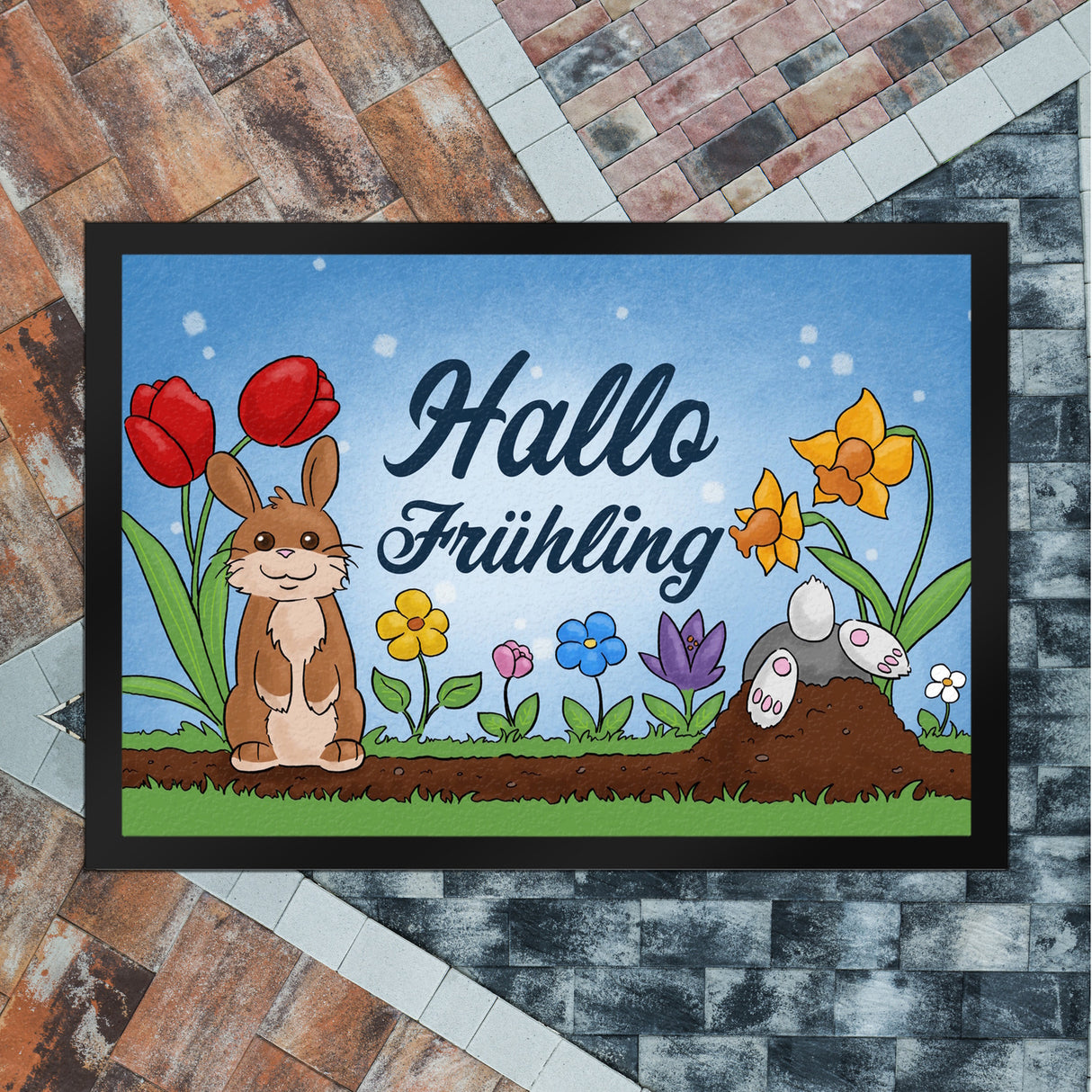Hallo Frühling Fußmatte mit süßen Hasen für Ostern