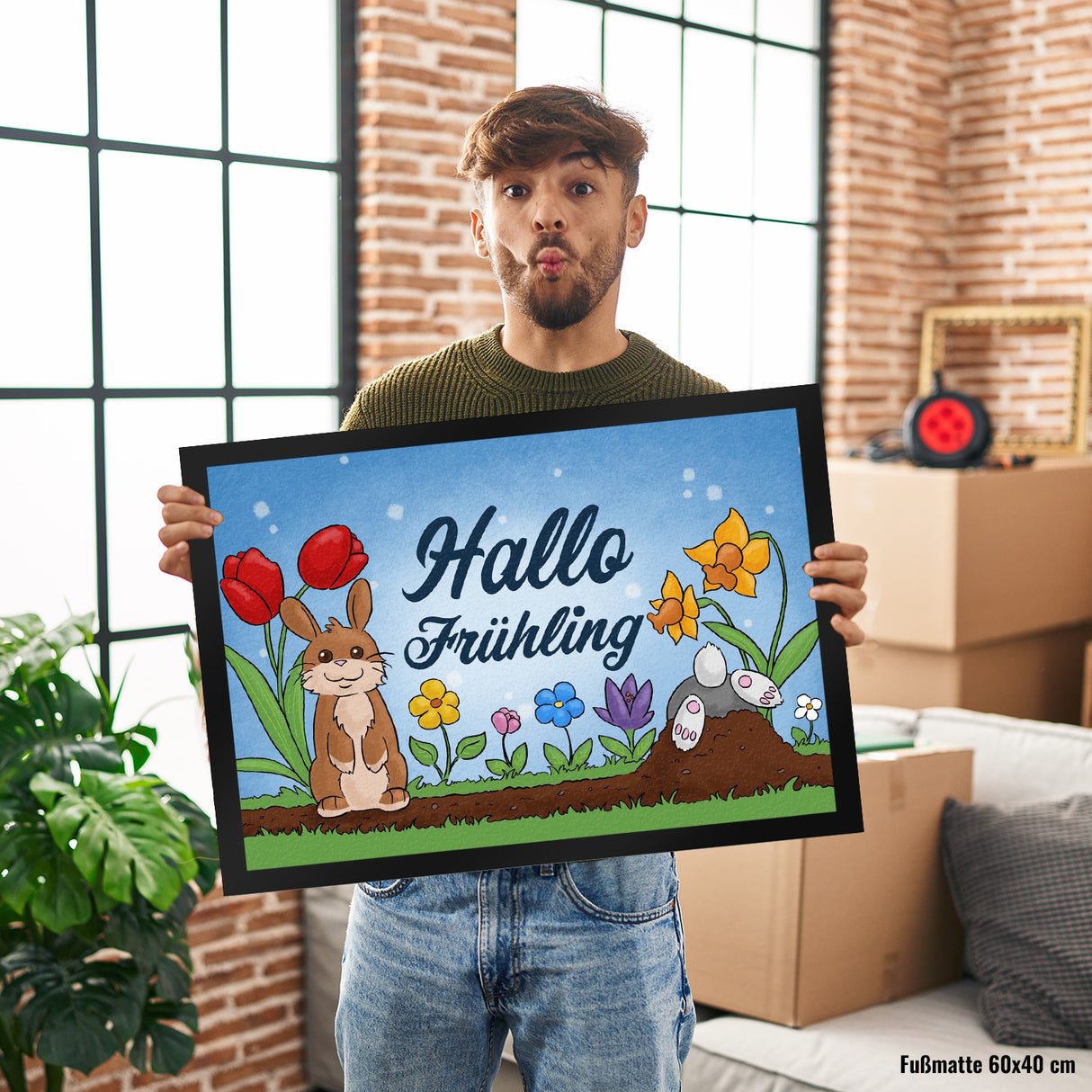 Hallo Frühling Fußmatte mit süßen Hasen für Ostern