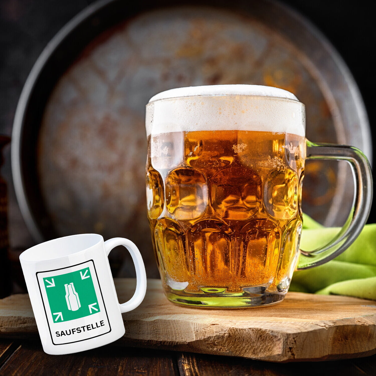 Saufstelle Kaffeebecher mit Bier Motiv und Spruch