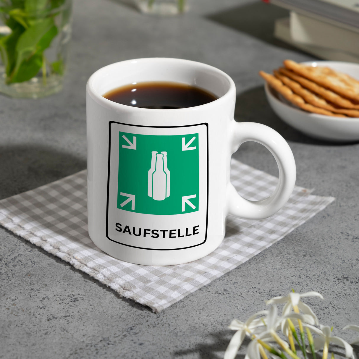 Saufstelle Kaffeebecher mit Bier Motiv und Spruch