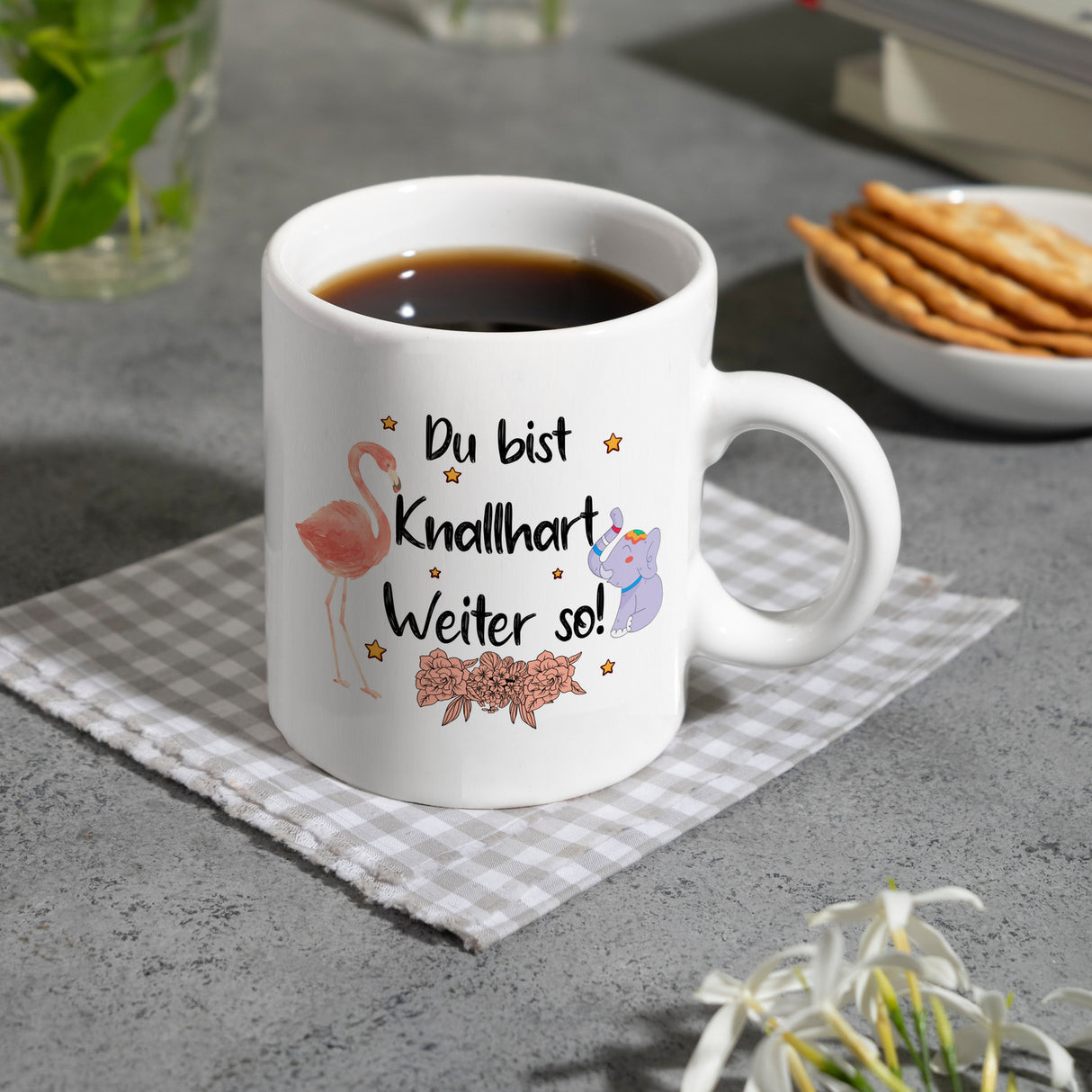 Flamingo und Elefant Motivation Kaffeebecher mit Spruch