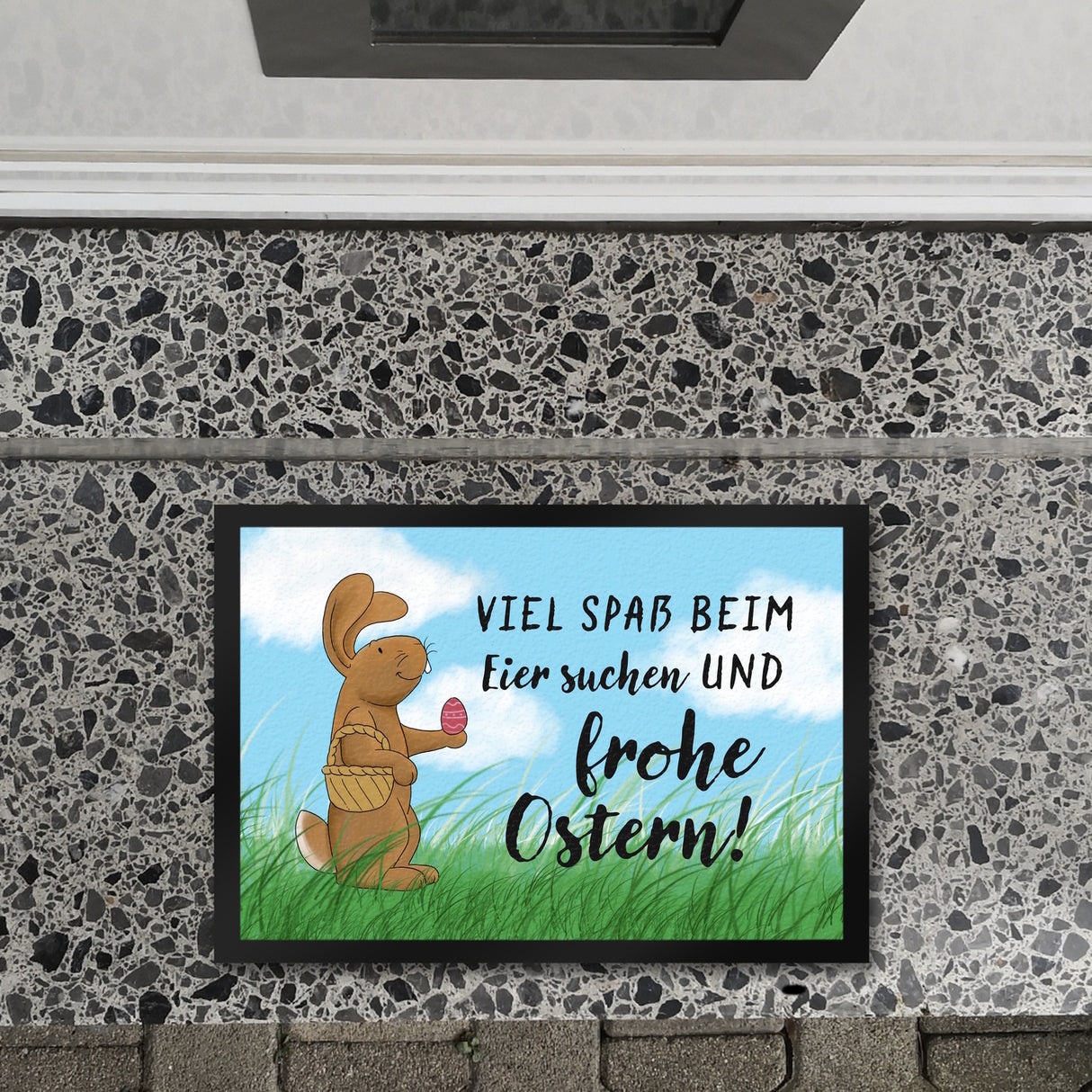 Eier suchen und frohe Ostern Fußmatte mit Spruch und Osterhase